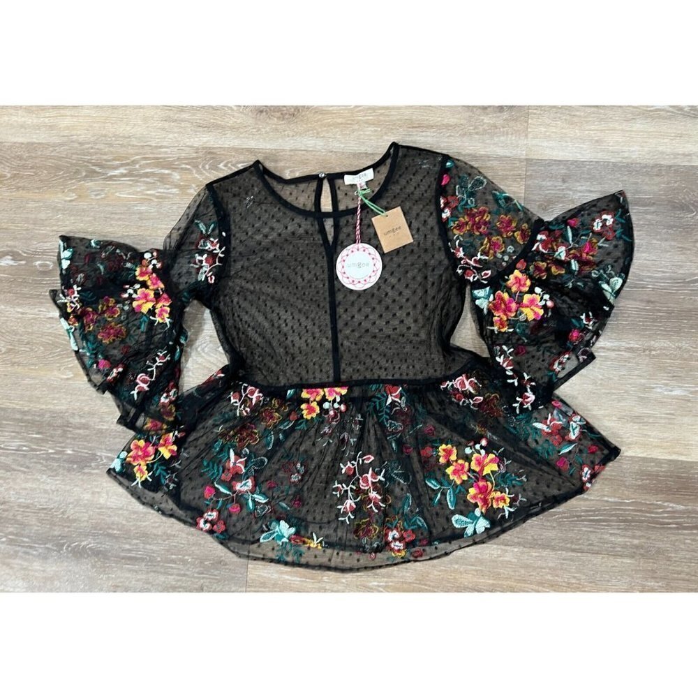 Umgee Sz S Black Mesh Lace Sheer Floral Embroidered Bell Sleeve Peplum Top NEW